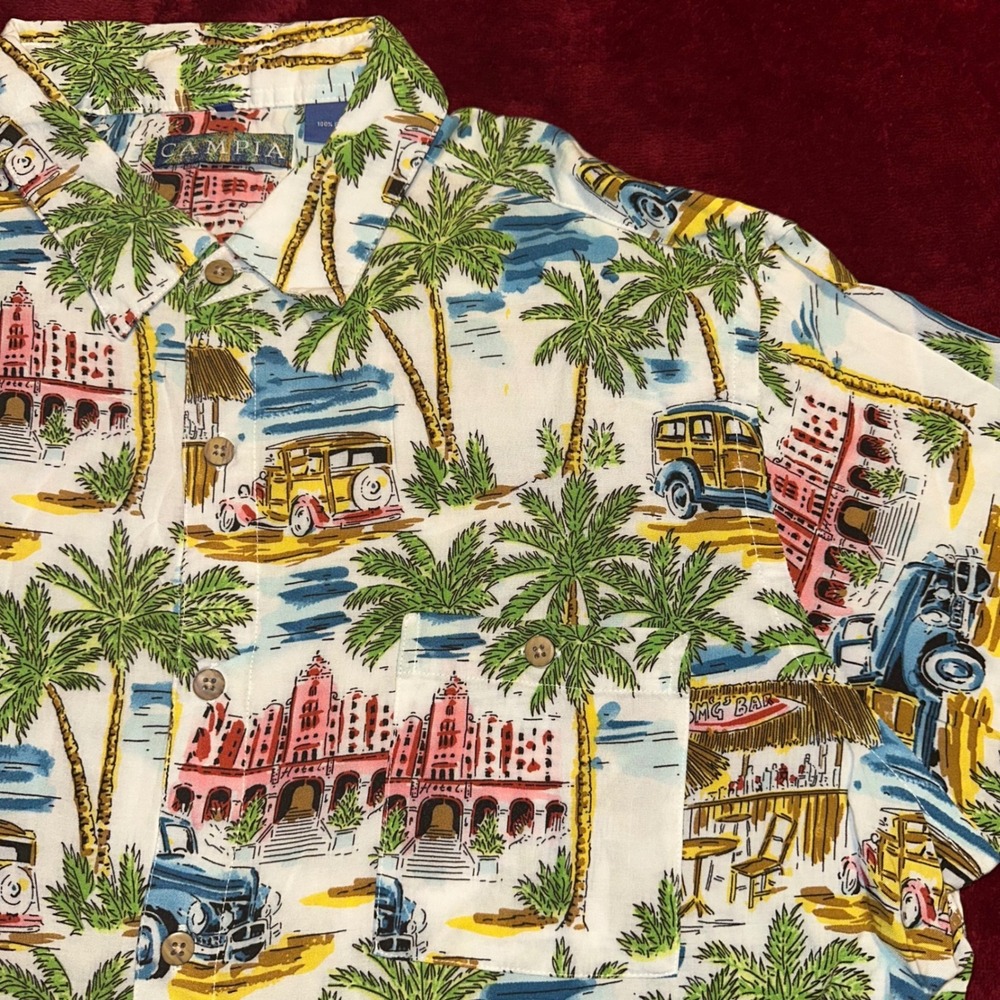 Campia Mens XL Hawaiian Shirt Rayon Tropical Palm Tree Woody Car Tiki Bar White